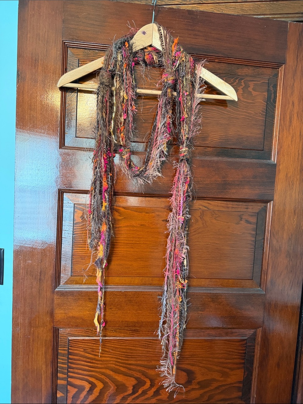 Hand Crafted Brown Scarf with Pink and Orange Accents
